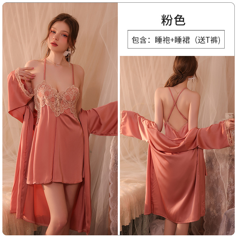 Conjunto de pijama sexy, vestido de tirantes sin espalda de seda helada transparente, ropa de estar por casa, disponible para dropshipping A123, estilo suave y relajado.