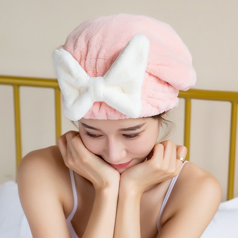 新しいサンゴの毛の蝶結びの髪の帽子のかわいい王女の帽子は厚い吸水の速乾のシャワーの帽子を厚くして髪のタオルを拭きます。|undefined