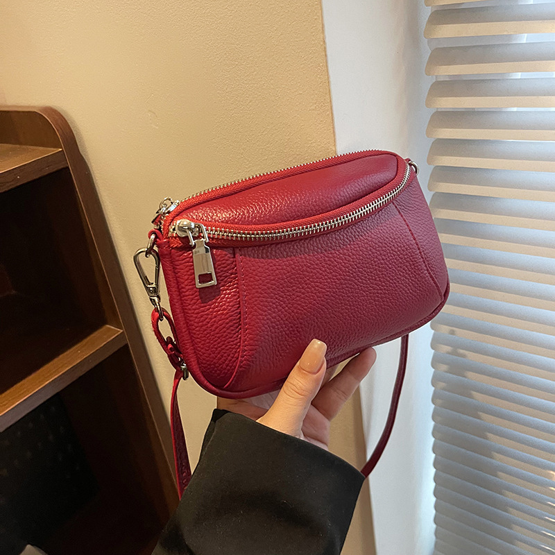 Genuine Leather Women's Handbag Summer New Fashion Simple Small Square Bag Retro Stylish Double Zipper Shoulder Crossbody Bag - Thumbnail 8