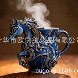 跨境鎏金奔马立体浮雕马克杯 华贵艺术风马术主题桌面杯163
