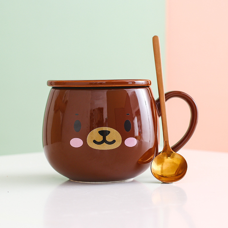 Taza de cerámica para parejas con tapa y cuchara, taza de café creativa de dibujos animados, taza de leche, taza personalizada creativa, linda y divertida