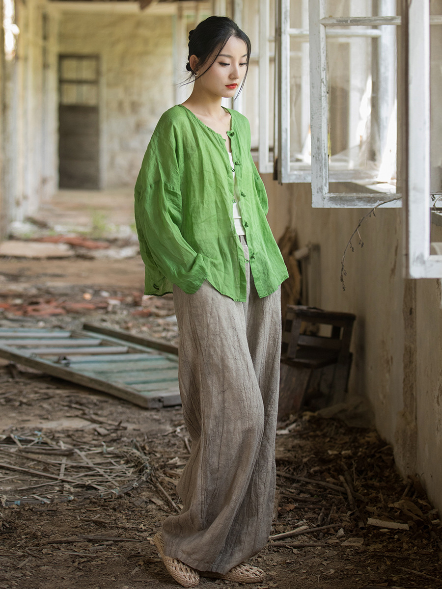 Camisa fina tipo cárdigan de mujer, estilo artístico, con botones, de algodón y lino, con protección solar, lavada con arena, 100 unidades, nueva colección otoño 26.