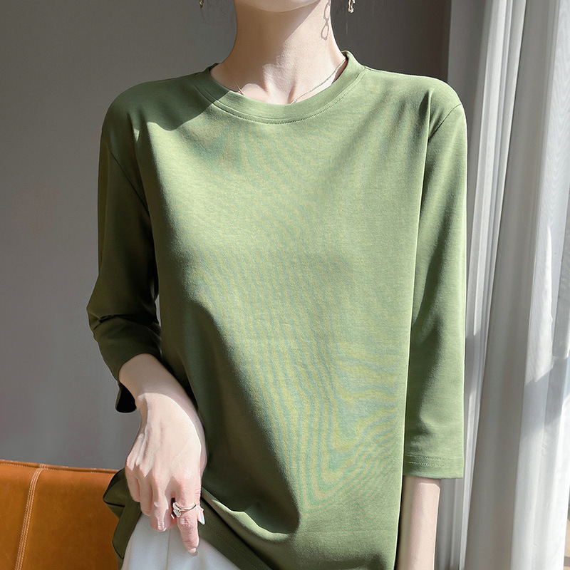 Ice Cool Cotton Seven-point Sleeve T-Shirt Women's 2025 Spring and Summer New Style Elegant All-match Round Neck Cotton Base Shirt Women's Half Sleeve