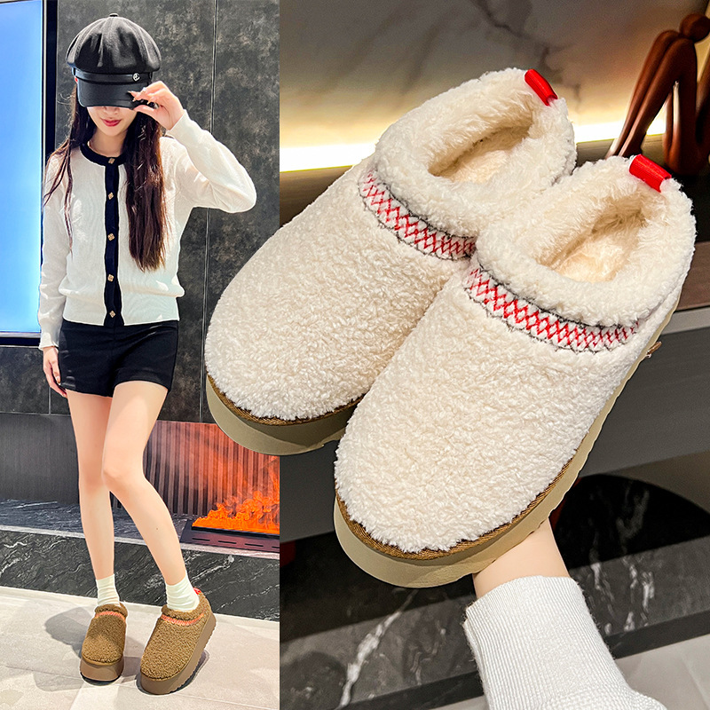Baotou thick-soled rolled Mao Mao casual loafers women's 2024 winter new round head half slippers fleece-lined snow boots
