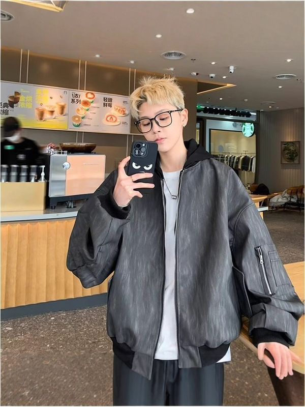 高级黑灰色纹理拉链连帽假两件皮夹克男款街头宽松百搭外套pu皮衣|undefined