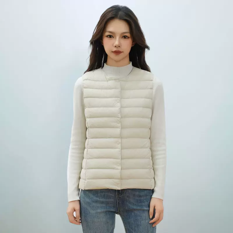 Velvet down jacket with a round collar, vest with down, city style, V-neckline