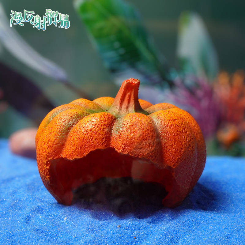 Escenario de Halloween acuario decoración de pecera simulación de dibujos animados decoración de resina vegetal calabaza rota pescado camarones refugio casa