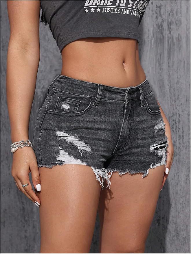 Washed denim shorts voor dames elastische broek voor casual stijl_voghion.com