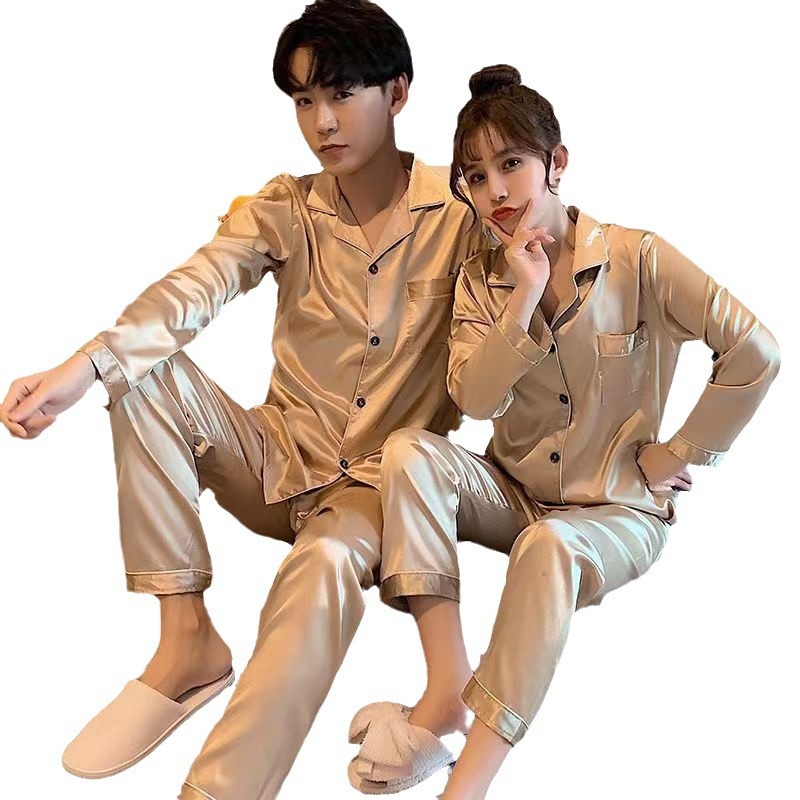 Fábrica directa de parejas pijamas de seda de hielo primavera y otoño manga larga suelta gran seda de color sólido conjunto de ropa de hogar transfronteriza