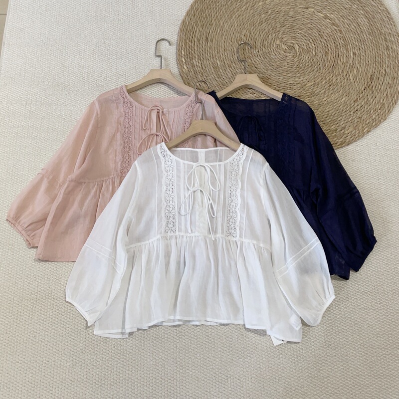 2025 Summer Ramie Lace-Up Shirt Solid Color Round Neck Lace Pleated Babydoll Top