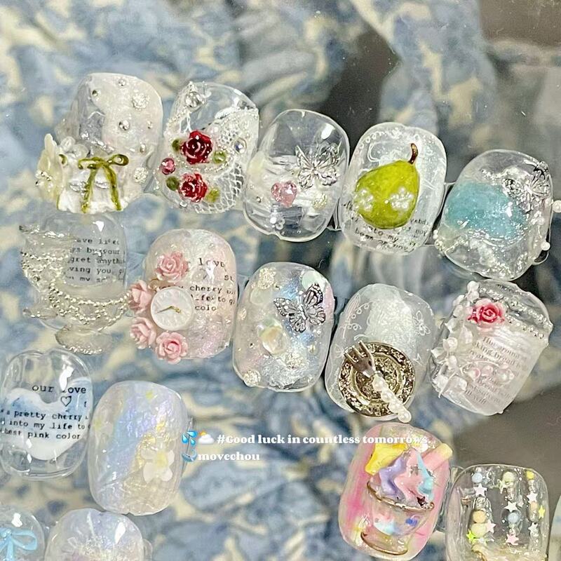 Korean-Style Instagram Short Nails, Maximalist Nail Accessories Collection, Popular Materials: Steel Beads, Pearls, Zircon, Glitter, Transfer Paper