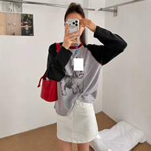 韩代插肩袖撞色皇冠小狗打底衫女26秋季新款宽松休闲百搭长袖T恤