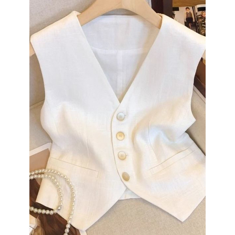 Old Money Style White Linen V-Neck Vest Women's Summer French V-Neck Sleeveless Suit Chic Shoulder Top