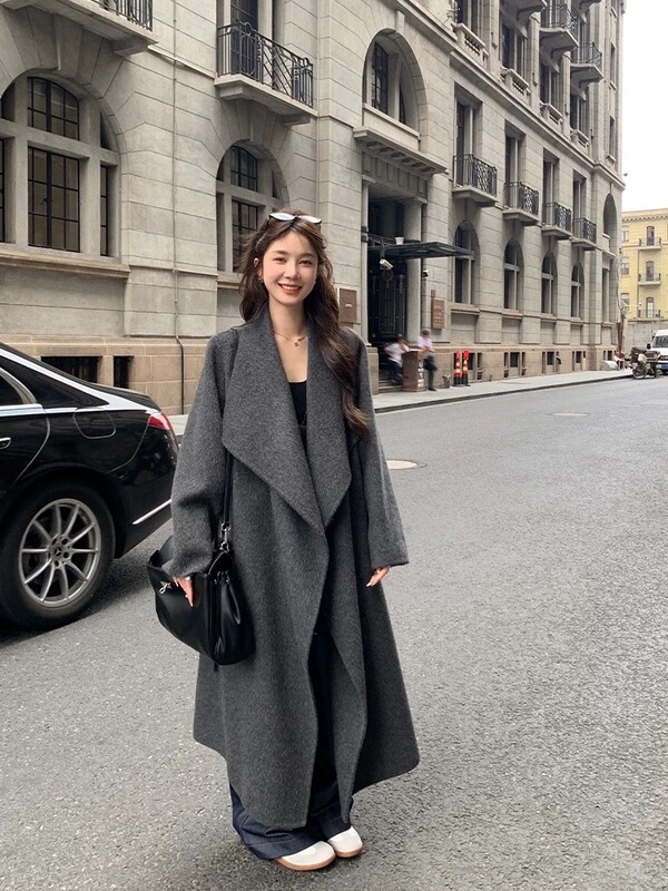 【烟灰曼塔】大翻领毛呢外套女长款宽松慵懒双面羊绒大衣秋冬新品|undefined