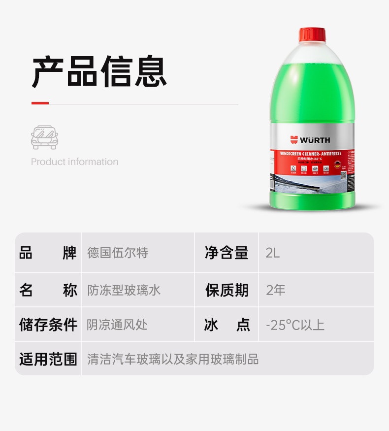 Wurth Auto Glass Cleaner, Powerful Stain and Oil Film Remover, Specialized Wiper Fluid Ethanol Concentrate for Tesla and BMW