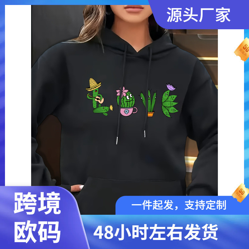 Women's casual cactus patch hoodie, polyester knitted fabric, long Raglan sleeve pullover,