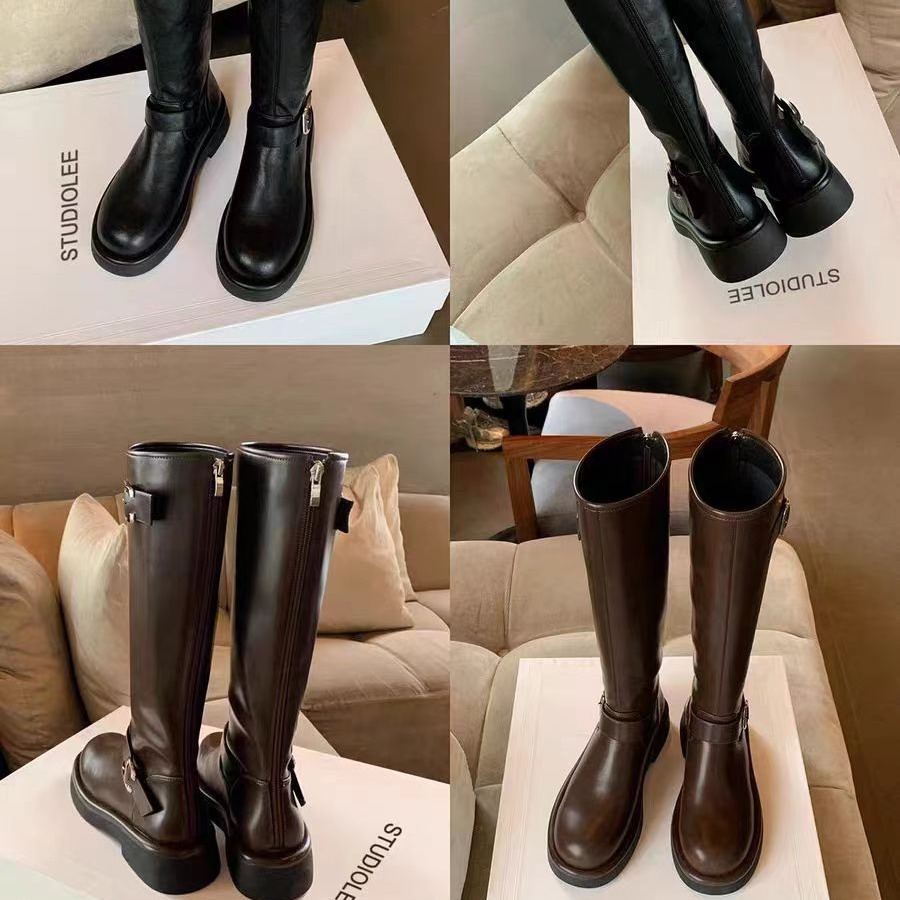 Grape Mom otoño e invierno nuevo estilo polaco pictórico ~ Hebilla de punta redonda de moda, tacón grueso, pero botas altas hasta la rodilla, botas de caballero, mujer