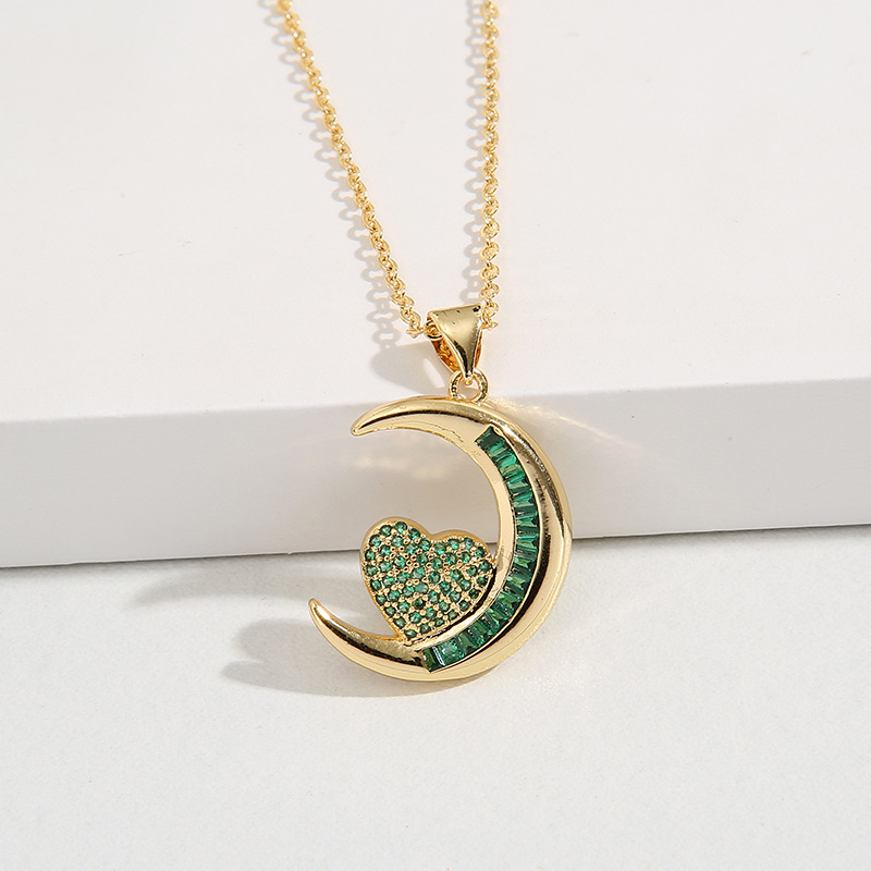 Fashion Moon Heart Shape Copper Plating Inlay Zircon Pendant Necklace 1 Piece