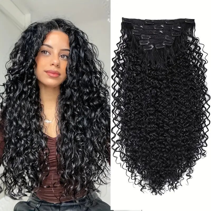 Synthetic curly clip extensiones de cabello Kinky curly clip peluca de cabeza completa dama cabello marrón negro