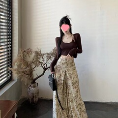 秋季新款港风气质短款吊带防晒开衫+高腰显瘦花色阔腿裤套装长裤
