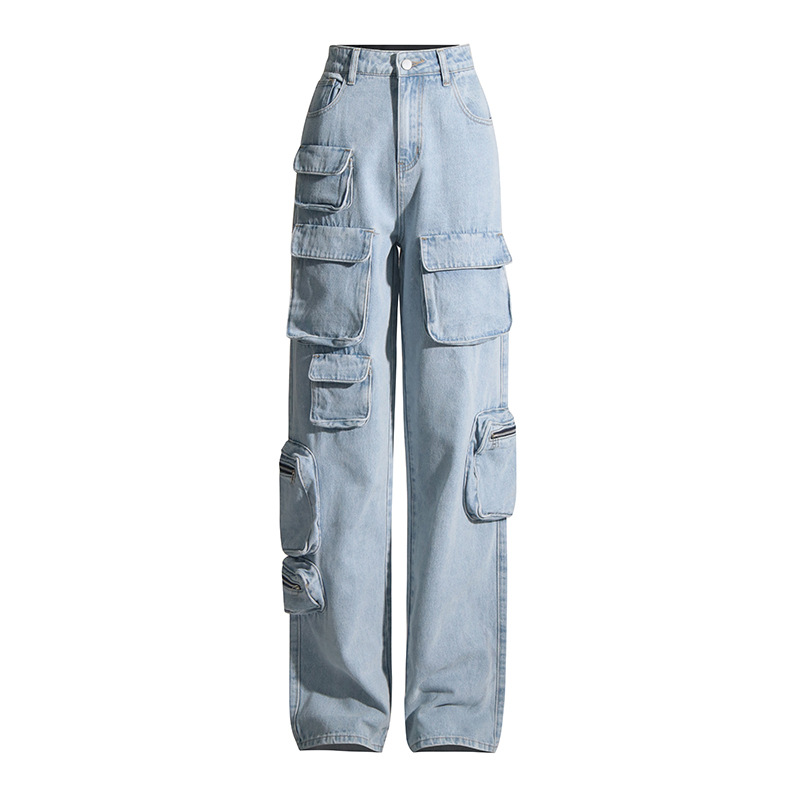 Vaqueros cargo de cintura alta con lavado azul claro vintage para mujer, otoño 2025, nueva moda, pantalones con cremallera y bolsillos grandes