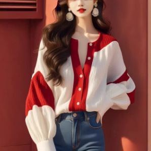 Red and White Contrasting Lantern Sleeve Design Shirt for Women Early Autumn New French Light Luxury High-End Chic Top Ready for Sale