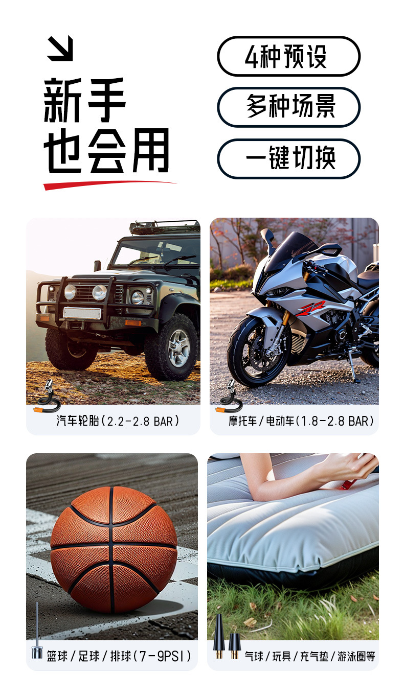 Car Air Pump, Portable Wireless Inflator, Automatic High-Pressure Inflator for Car Tires, Mobile Phone Charging Port