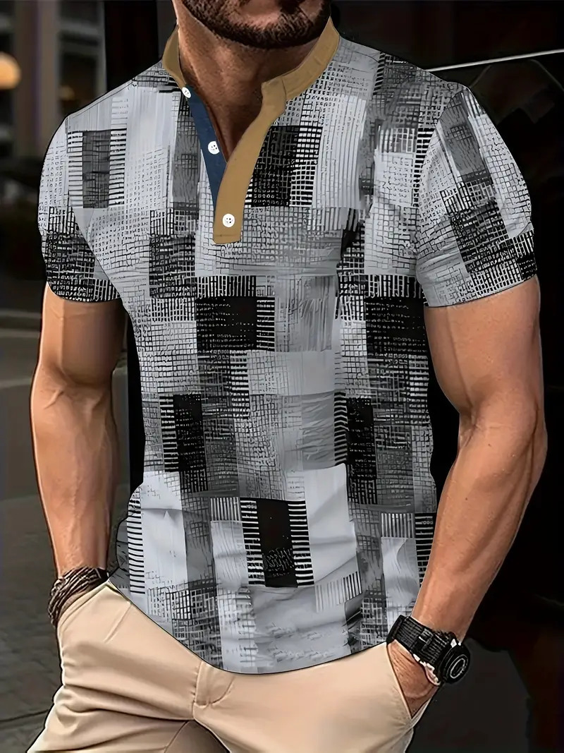 Nuevo estilo transfronterizo de verano 3d geométrico cubo estampado cuello alto botón de manga corta polo playa casual ME13