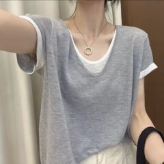 夏季新款假两件撞色v领短袖上衣女宽松遮肉显瘦百搭大码休闲t恤女