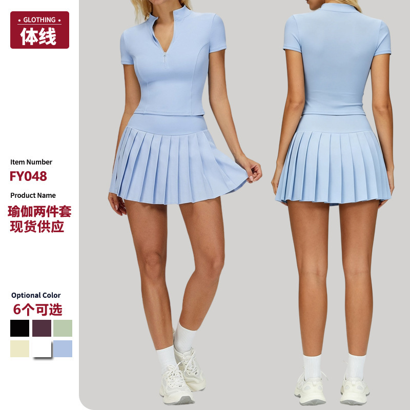 Cross-border dropshipping: Women's half-zip yoga short-sleeve pleated skirt set, quick-drying fitness and tennis sportswear, two-piece outfit Cross-border dropshipping: Women's half-zip yoga short-sleeve pleated skirt set, quick-drying fitness and tennis sportswear, two-piece outfit