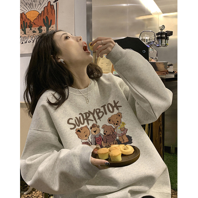 Floral Gray Oversized Loose Hoodless Sweatshirt for Women, Spring and Autumn 2026 New Popular Korean Style Thin Round Neck Top