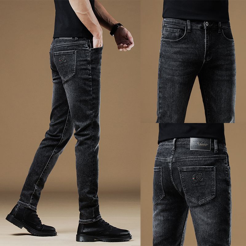 2025百搭纯潮秋冬加绒休闲长裤男韩版小脚弹力修身士黑色牛仔裤男