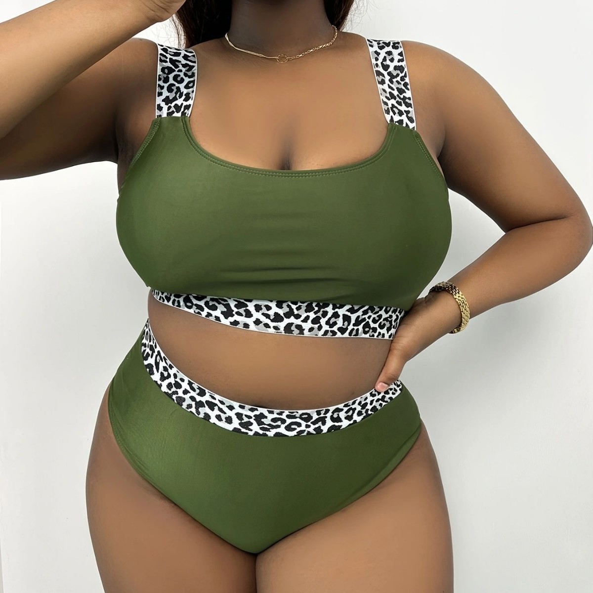 New European American Style Plus-Size Tank Top Bikini With Solid Color And Leopard Print, High-Waisted, Popular On_ecoleips.com