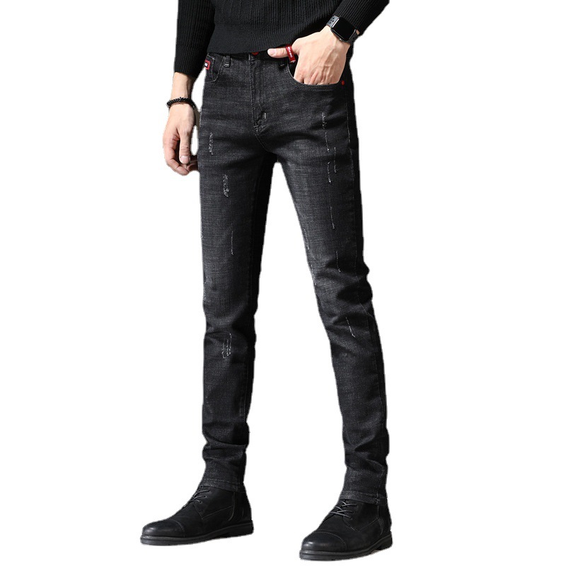 Jeans Men's 2023 New Autumn/Winter Korean Edition Straight Stretch Small Leg Pants Plush & Thick Slim Cropped Pants