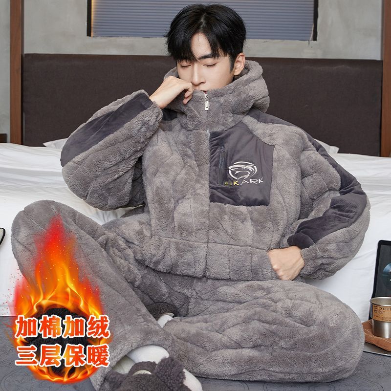 Pajamas Men's Three-Layer Quilted Winter Thickeneded Fleece-Lined Warm Coral Youth Men's Flannel Home Wear Set
