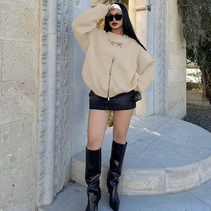 Women Clothing Winter round Neck Zipper Leopard Print Long Sleeve Loose Fitting Casual Pullover Coat