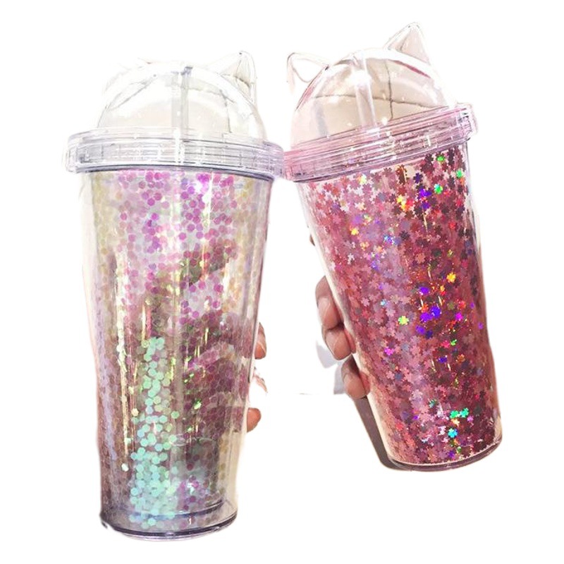 Taza de entrega de una sola pieza INS taza de paja de plástico taza de regalo creativo taza de oreja de gato flash de doble capa taza LOGO