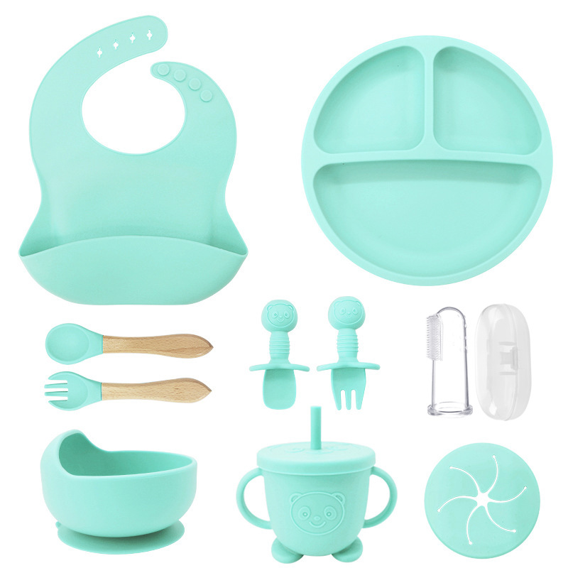 Vajilla de silicona para niños Juego de diez piezas Placa de comedor dividida Vajilla para bebés Cuenco de alimentos suplementarios Cuchara de silicona Tenedor Vajilla de alimentación para bebés