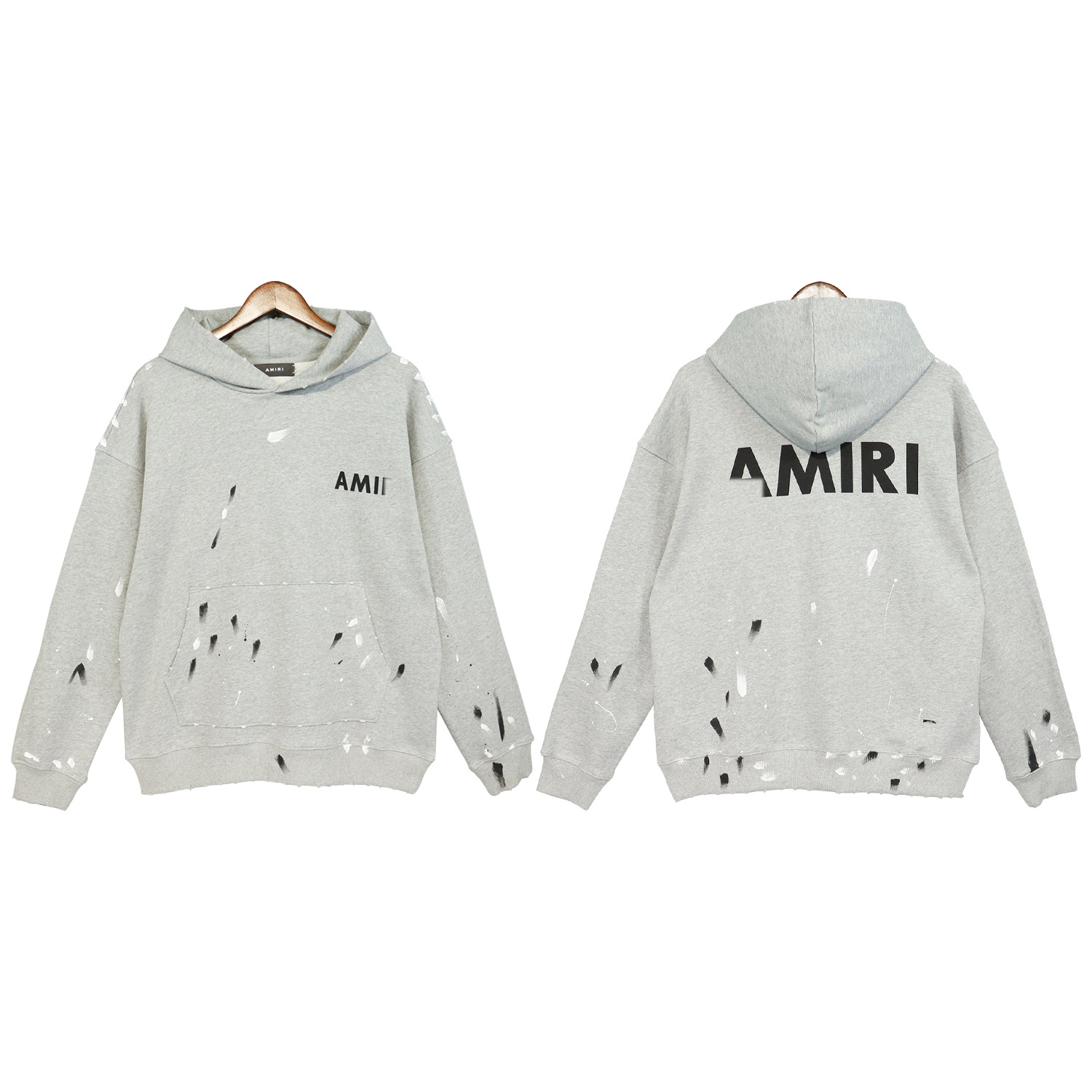 Sudadera con capucha AMIRI europea y americana Wang Yibo mismo estilo pintado a mano Impresión de salpicaduras de tinta desgastada suéter con capucha para hombres y mujeres deshilachados