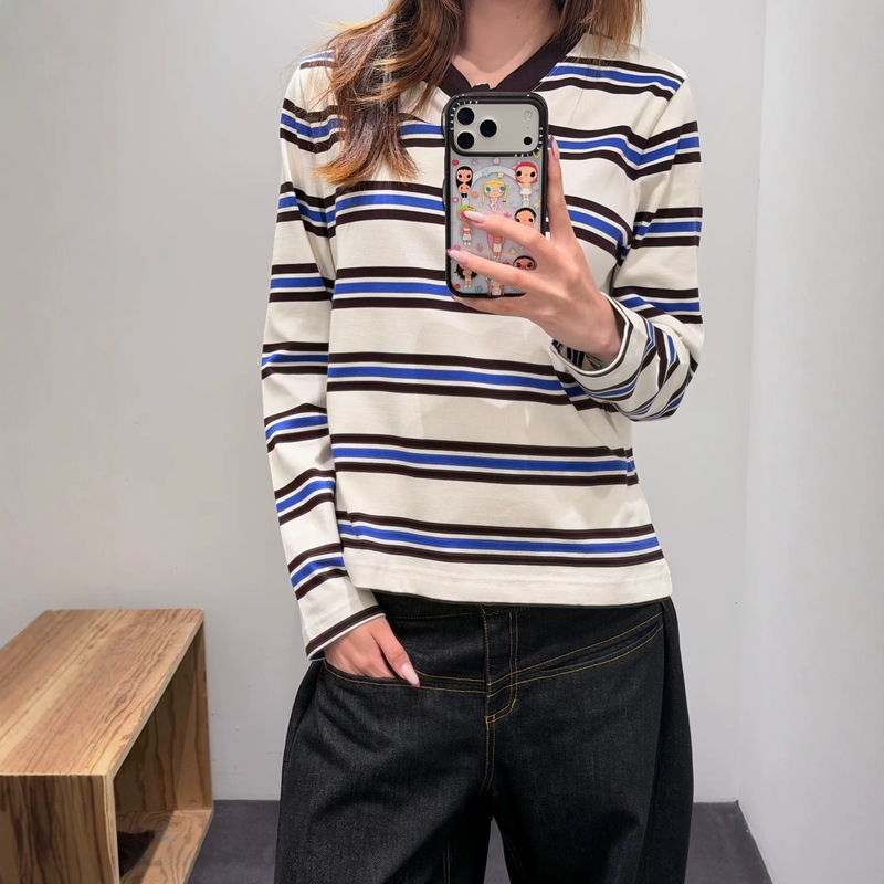 CS Women's Standard Fit Cotton Long-Sleeve T-Shirt, Ivory/Striped, 2026 Autumn New Collection, 1325627010 CS Women's Standard Fit Cotton Long-Sleeve T-Shirt, Ivory/Striped, 2026 Autumn New Collection, 1325627010