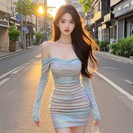 TZ5623性感辣妹甜美高级扎染一字肩连衣裙女新款设计感短款包臀裙