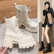 秋季新品厚底松糕底防滑高帮系带女士网红ins超火纯色短靴女鞋