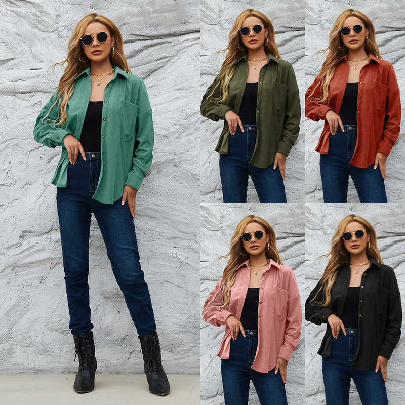 2022 Cardigan Tops for Women Autumn and Winter Corduroy Women's American Style Loose Jacket Outwear Pure Color Shirt Comfortable and Casual
