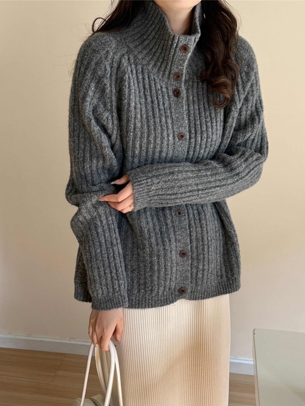 奶fufu温柔风坑条立领毛衣开衫女秋冬季新款宽松复古软糯针织开衫|undefined