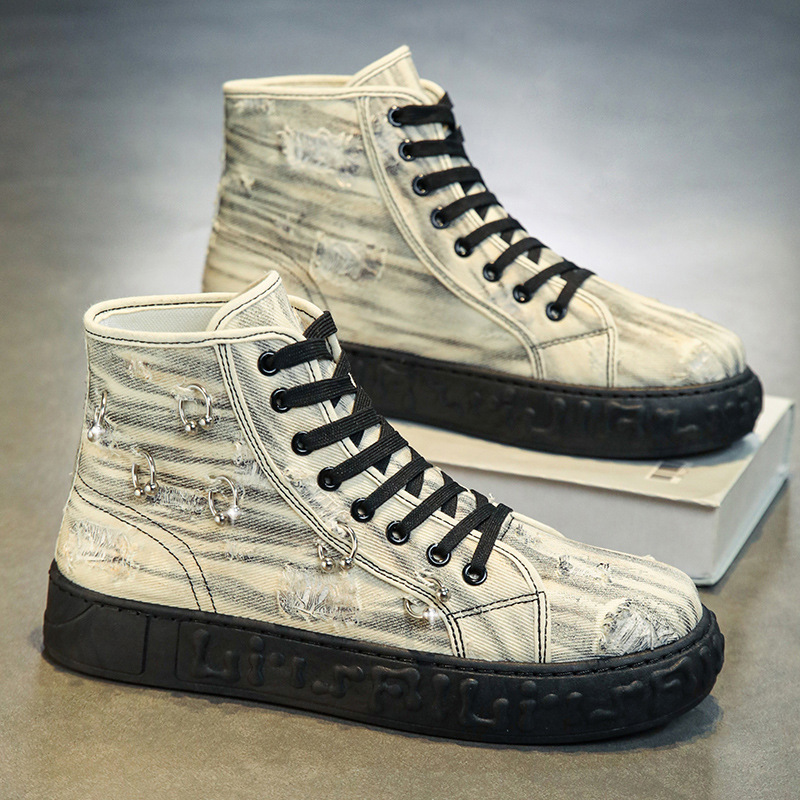 High top board shoes denim sports casual shoes personality young men small white shoes broken motorcycle ankle boots with all fashion shoes_voghion.com