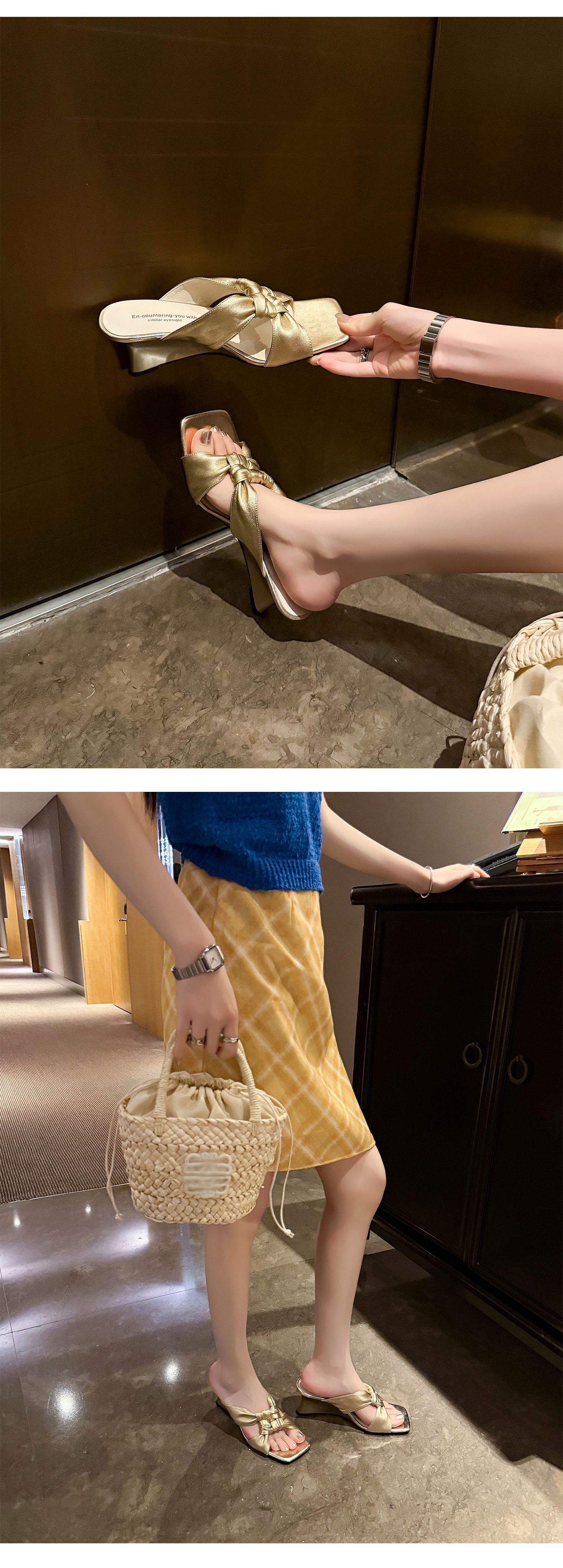 Sandal cao gót nữ mũi vuông hở ngón đế xuồng quai chéo — màu vàng, màu trắng ngà, bạc chi tiết 9