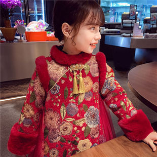 Girls' Chinese Style Cheongsam Dress with Velvet Dress Winter New Style Foreign Style Children's Ancient Style Tang Suit New Year's Greetings Suit