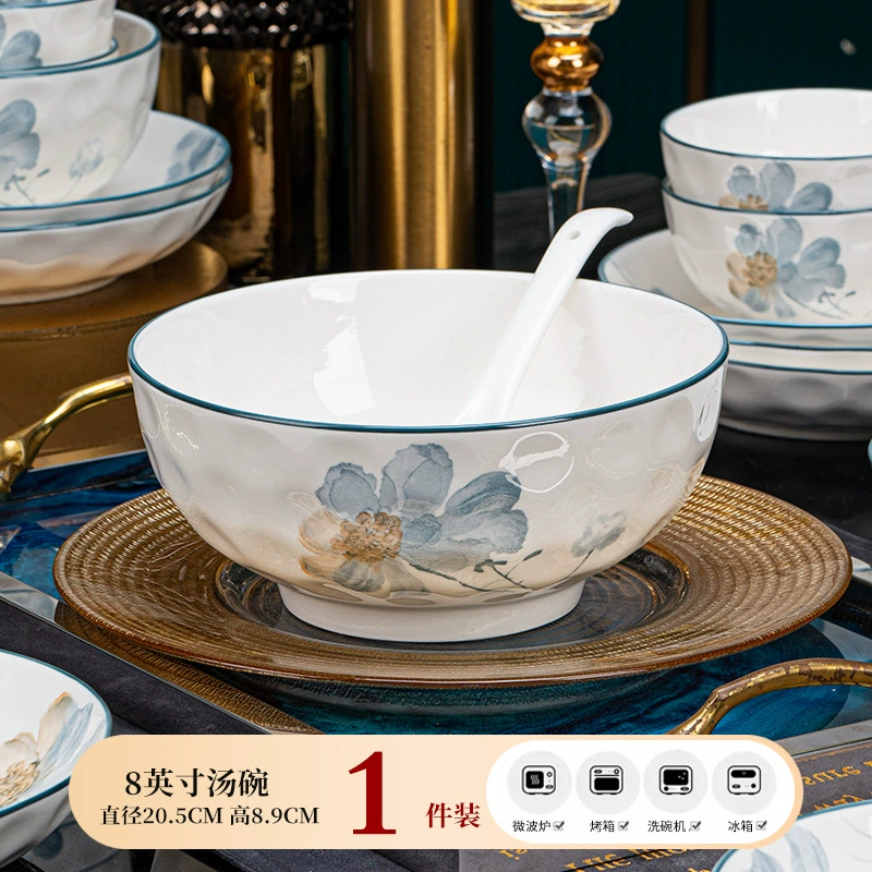 Керамический набор посуды Jingdezhen Ningxiang, подглазурная цветочная роспись, разные размеры