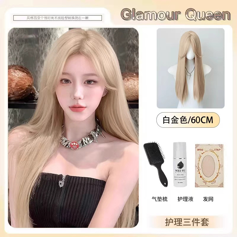 Pelucca de oro blanco mujer cabeza completa rosa cabello largo con cabello recto de cabello humano simulado cabello cos pelucca