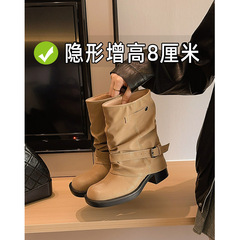 秋季内增高西部风牛仔短靴女粗跟裤管褶皱堆堆靴复古骑士马丁靴子